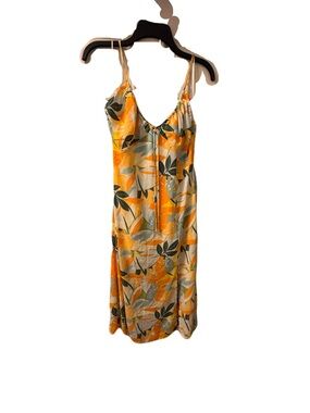 Floral Yellow and Orange Slip Dress with Green Leaf Print